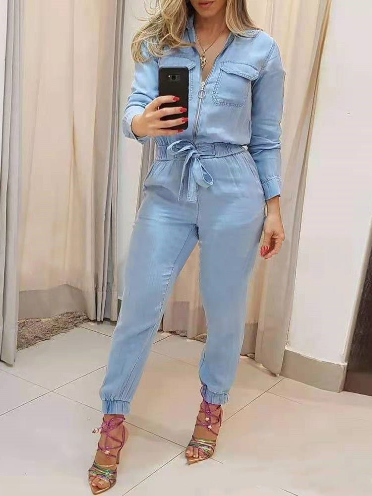 Women's Jumpsuits Zip Elastic Waist Long Sleeve Jumpsuit - LuckyFash™
