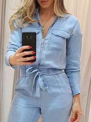 Women's Jumpsuits Zip Elastic Waist Long Sleeve Jumpsuit - LuckyFash™