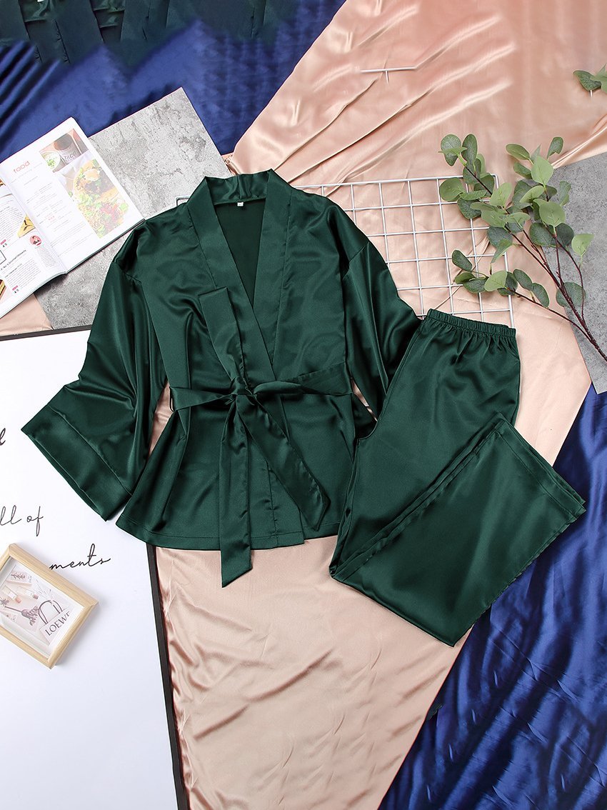 Women's Pajamas Long Sleeve Cardigan Lace Nightgown Loose Pants Pajama Set - LuckyFash™