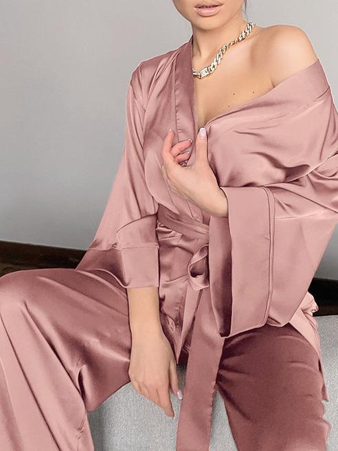 Women's Pajamas Long Sleeve Cardigan Lace Nightgown Loose Pants Pajama Set - LuckyFash™