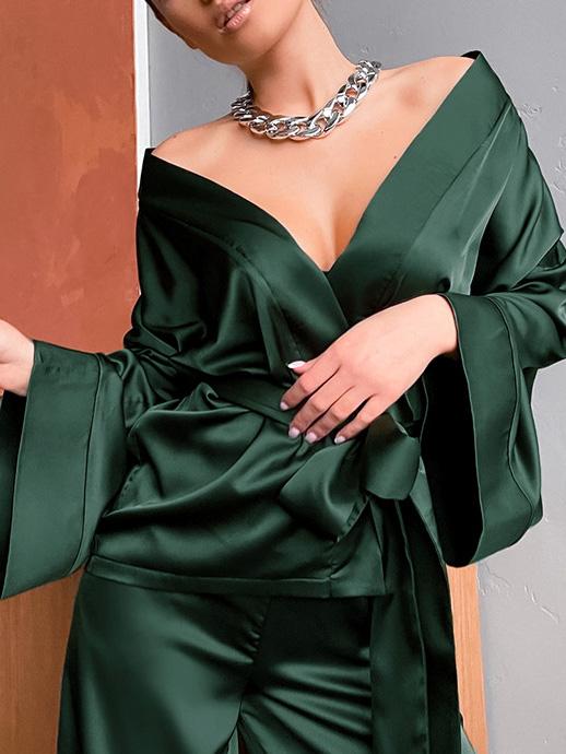 Women's Pajamas Long Sleeve Cardigan Lace Nightgown Loose Pants Pajama Set - LuckyFash™
