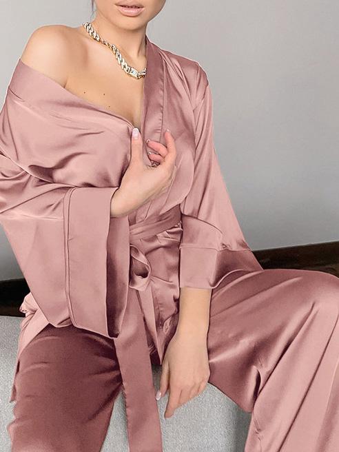 Women's Pajamas Long Sleeve Cardigan Lace Nightgown Loose Pants Pajama Set - LuckyFash™