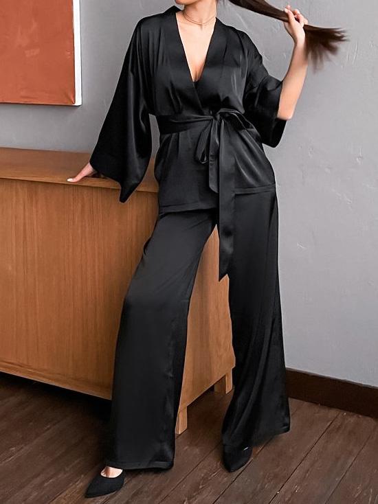 Women's Pajamas Long Sleeve Cardigan Lace Nightgown Loose Pants Pajama Set - LuckyFash™