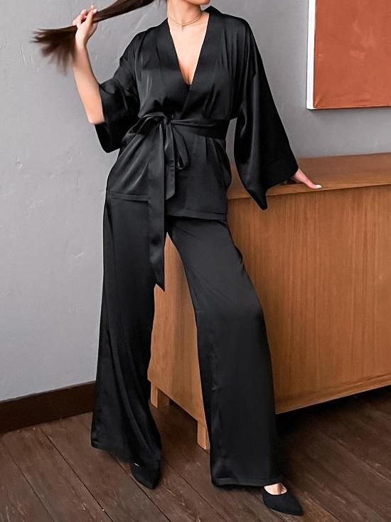 Women's Pajamas Long Sleeve Cardigan Lace Nightgown Loose Pants Pajama Set - LuckyFash™