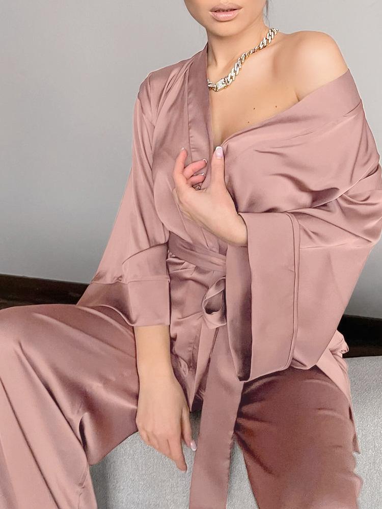 Women's Pajamas Long Sleeve Cardigan Lace Nightgown Loose Pants Pajama Set - LuckyFash™