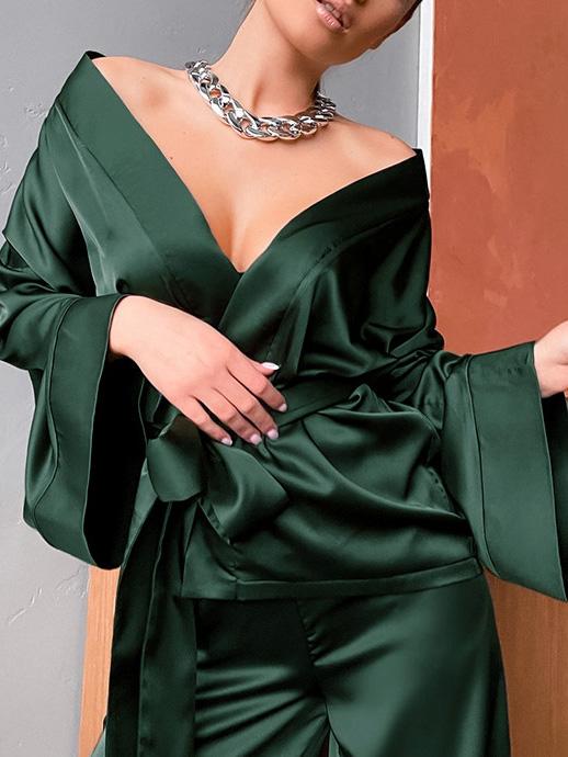 Women's Pajamas Long Sleeve Cardigan Lace Nightgown Loose Pants Pajama Set - LuckyFash™