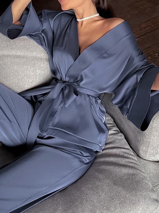 Women's Pajamas Long Sleeve Cardigan Lace Nightgown Loose Pants Pajama Set - LuckyFash™