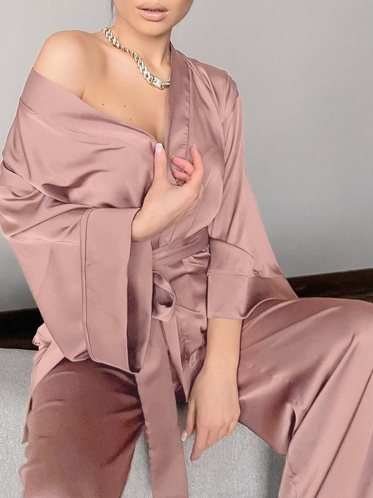 Women's Pajamas Long Sleeve Cardigan Lace Nightgown Loose Pants Pajama Set - LuckyFash™