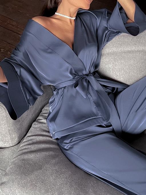Women's Pajamas Long Sleeve Cardigan Lace Nightgown Loose Pants Pajama Set - LuckyFash™