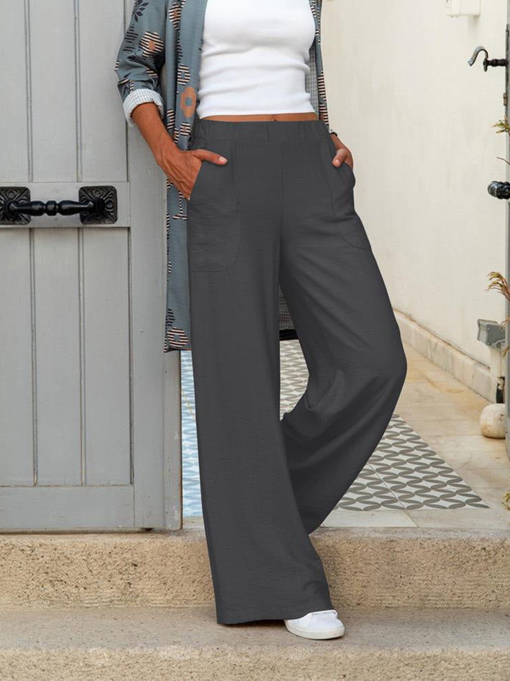 Women's Pants Casual Solid Elastic Waist Pocket Wide Leg Pants - LuckyFash™