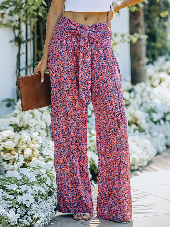 Women's Pants Printed High Waist Lace-Up Wide Leg Pants - LuckyFash™