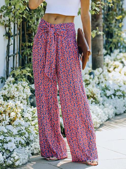 Women's Pants Printed High Waist Lace-Up Wide Leg Pants - LuckyFash™