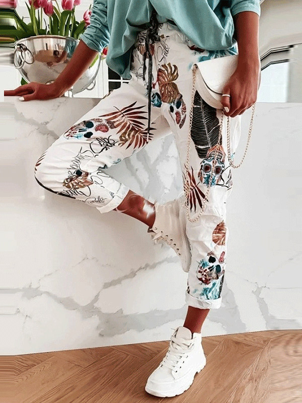 Women's Pants Straight Skull Leaf Print Pocket Stretch Casual Pants - LuckyFash™