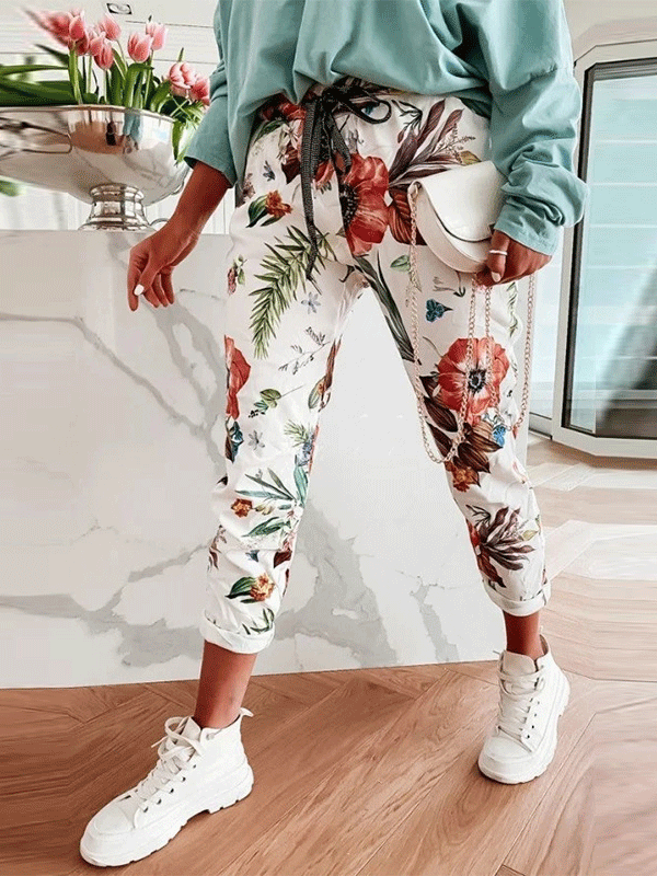 Women's Pants Straight Skull Leaf Print Pocket Stretch Casual Pants - LuckyFash™