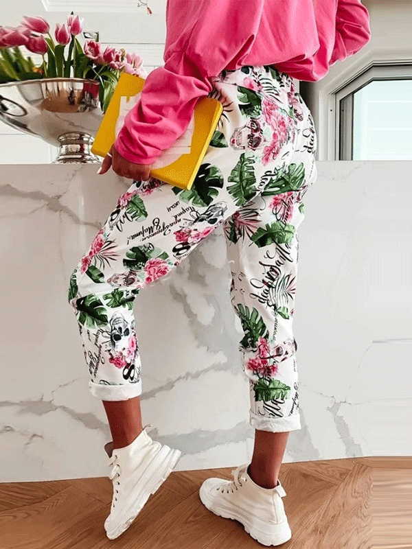 Women's Pants Straight Skull Leaf Print Pocket Stretch Casual Pants - LuckyFash™