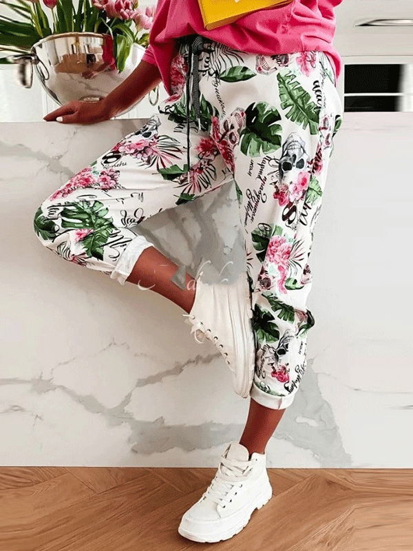 Women's Pants Straight Skull Leaf Print Pocket Stretch Casual Pants - LuckyFash™
