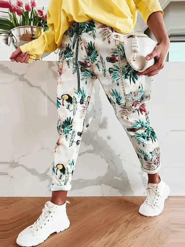 Women's Pants Straight Skull Leaf Print Pocket Stretch Casual Pants - LuckyFash™