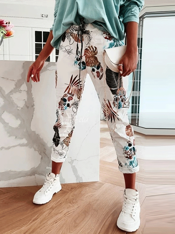 Women's Pants Straight Skull Leaf Print Pocket Stretch Casual Pants - LuckyFash™