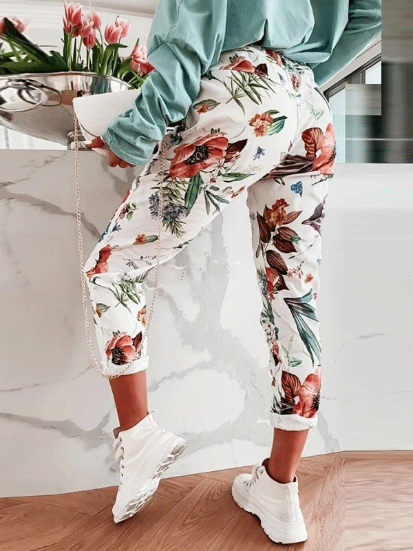 Women's Pants Straight Skull Leaf Print Pocket Stretch Casual Pants - LuckyFash™