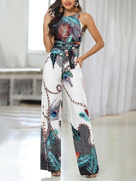 Women's Peacock Feather Print Sling Jumpsuit - LuckyFash™