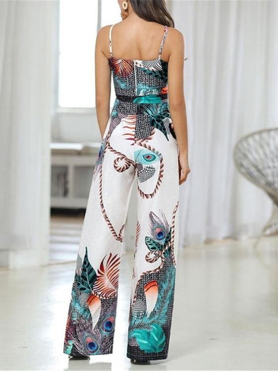 Women's Peacock Feather Print Sling Jumpsuit - LuckyFash™