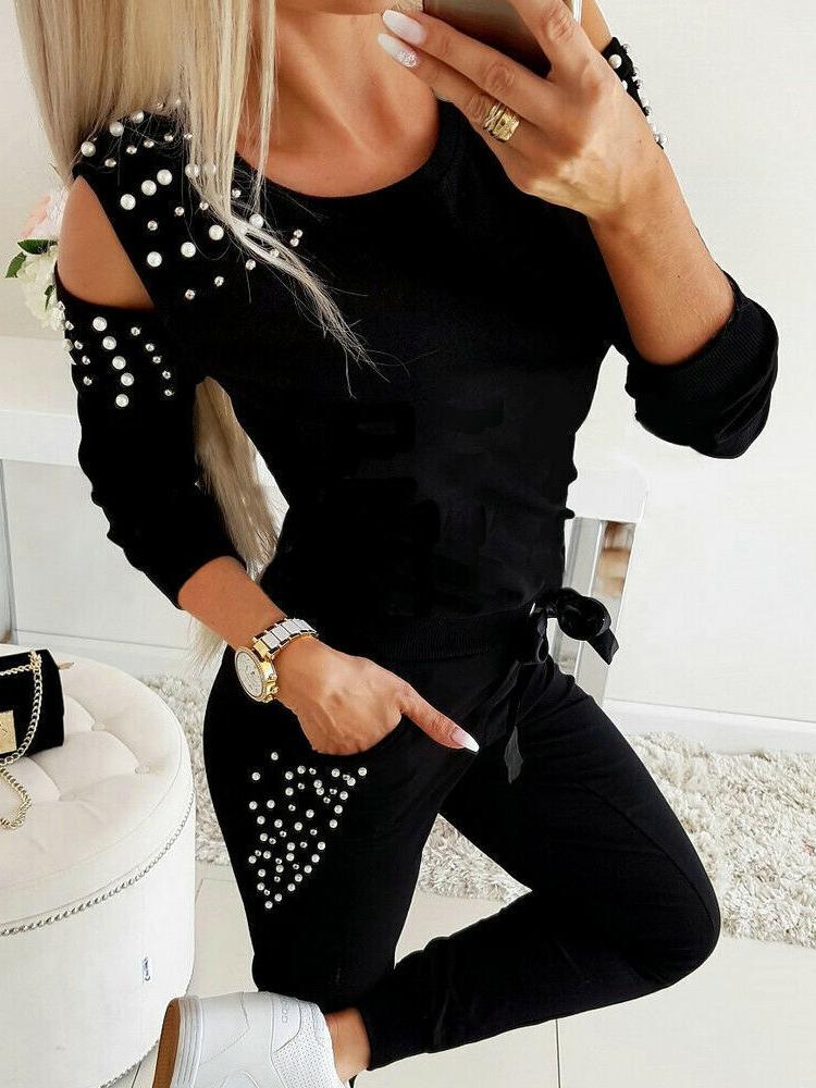 Women's Sets Beaded Round Neck Strapless Long Sleeve Trousers Two-Piece Suit - LuckyFash™