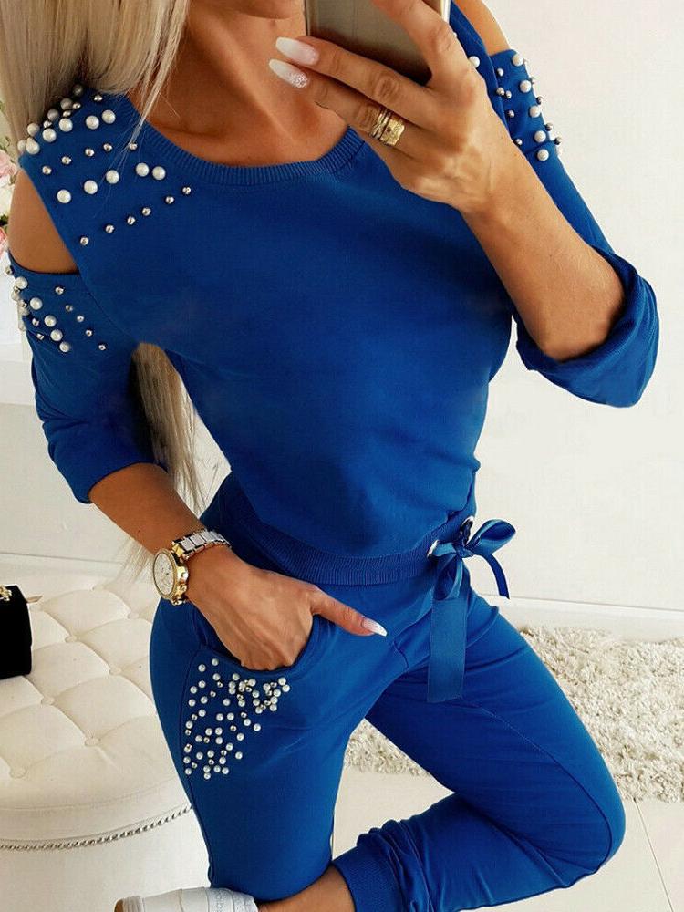 Women's Sets Beaded Round Neck Strapless Long Sleeve Trousers Two-Piece Suit - LuckyFash™