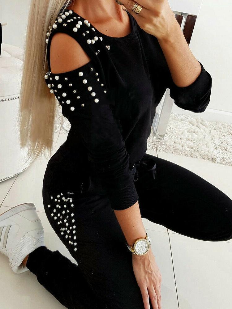 Women's Sets Beaded Round Neck Strapless Long Sleeve Trousers Two-Piece Suit - LuckyFash™