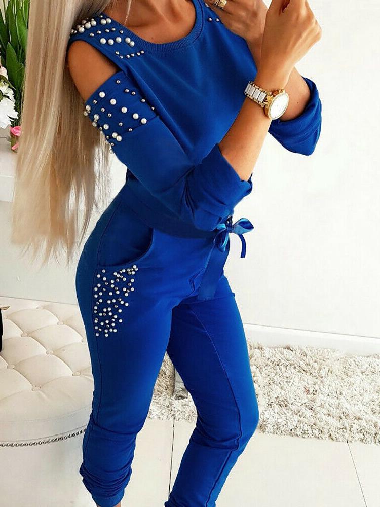 Women's Sets Beaded Round Neck Strapless Long Sleeve Trousers Two-Piece Suit - LuckyFash™