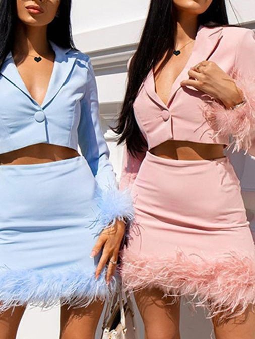 Women's Sets Feather Panel Long Sleeve Blazers & Skirt Two Piece Set - LuckyFash™