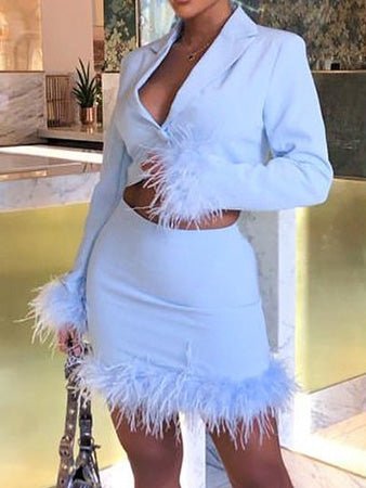 Women's Sets Feather Panel Long Sleeve Blazers & Skirt Two Piece Set - LuckyFash™