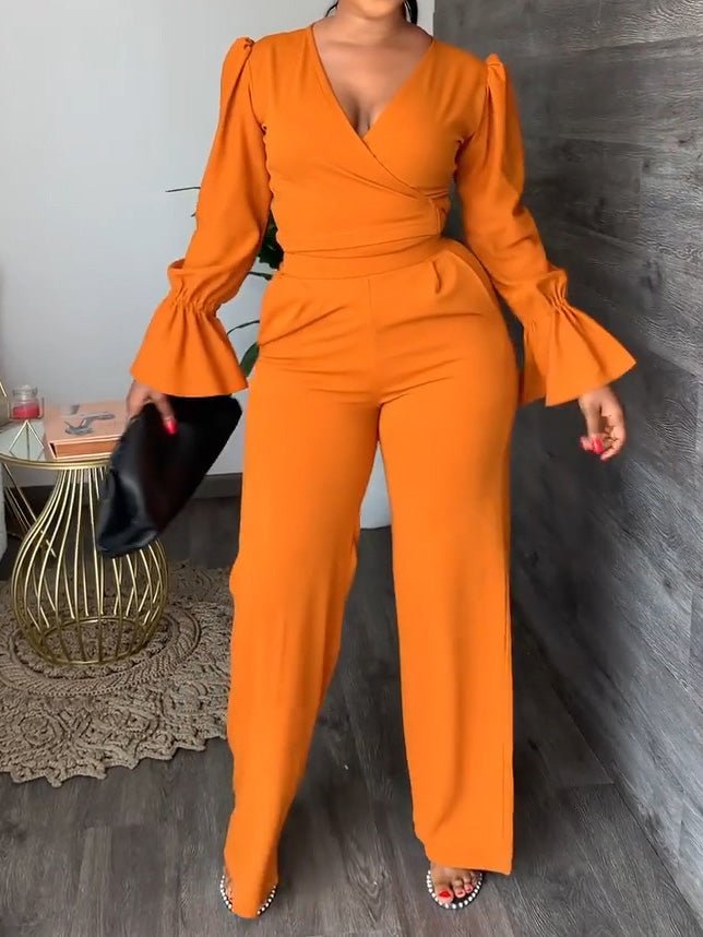 Women's Sets Flared Sleeve Lace-Up Top & Straight Pants Two Piece Set - LuckyFash™