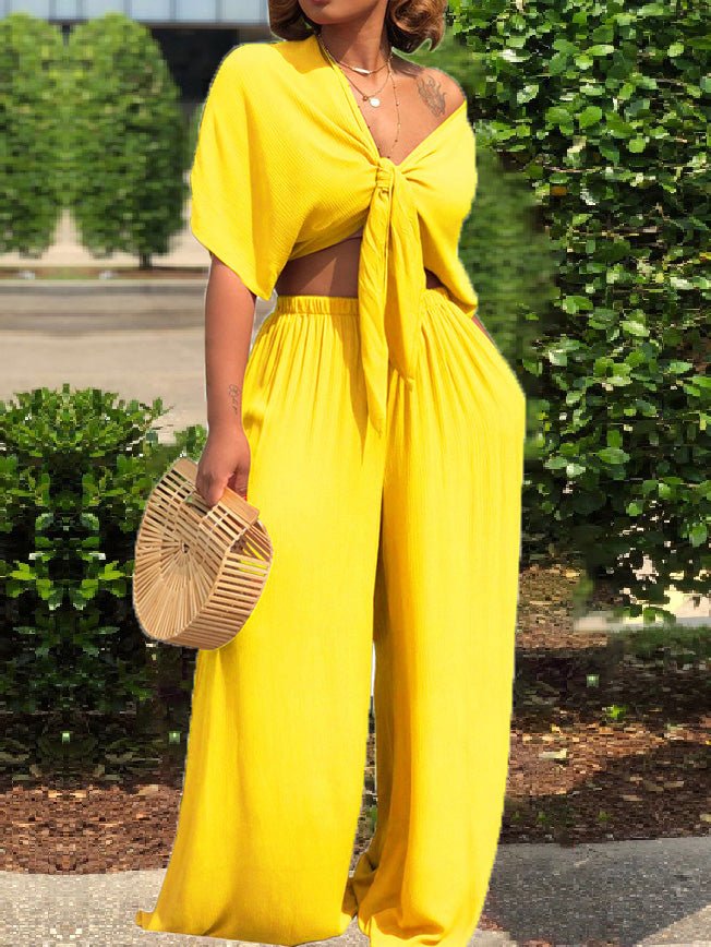 Women's Sets Lace-Up Short Sleeve Top & Wide Leg Pants Two Piece Set - LuckyFash™