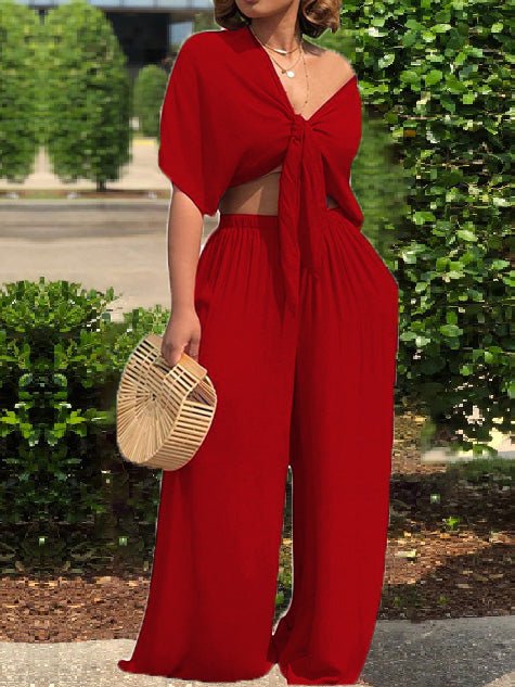 Women's Sets Lace-Up Short Sleeve Top & Wide Leg Pants Two Piece Set - LuckyFash™