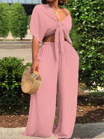Women's Sets Lace-Up Short Sleeve Top & Wide Leg Pants Two Piece Set - LuckyFash™