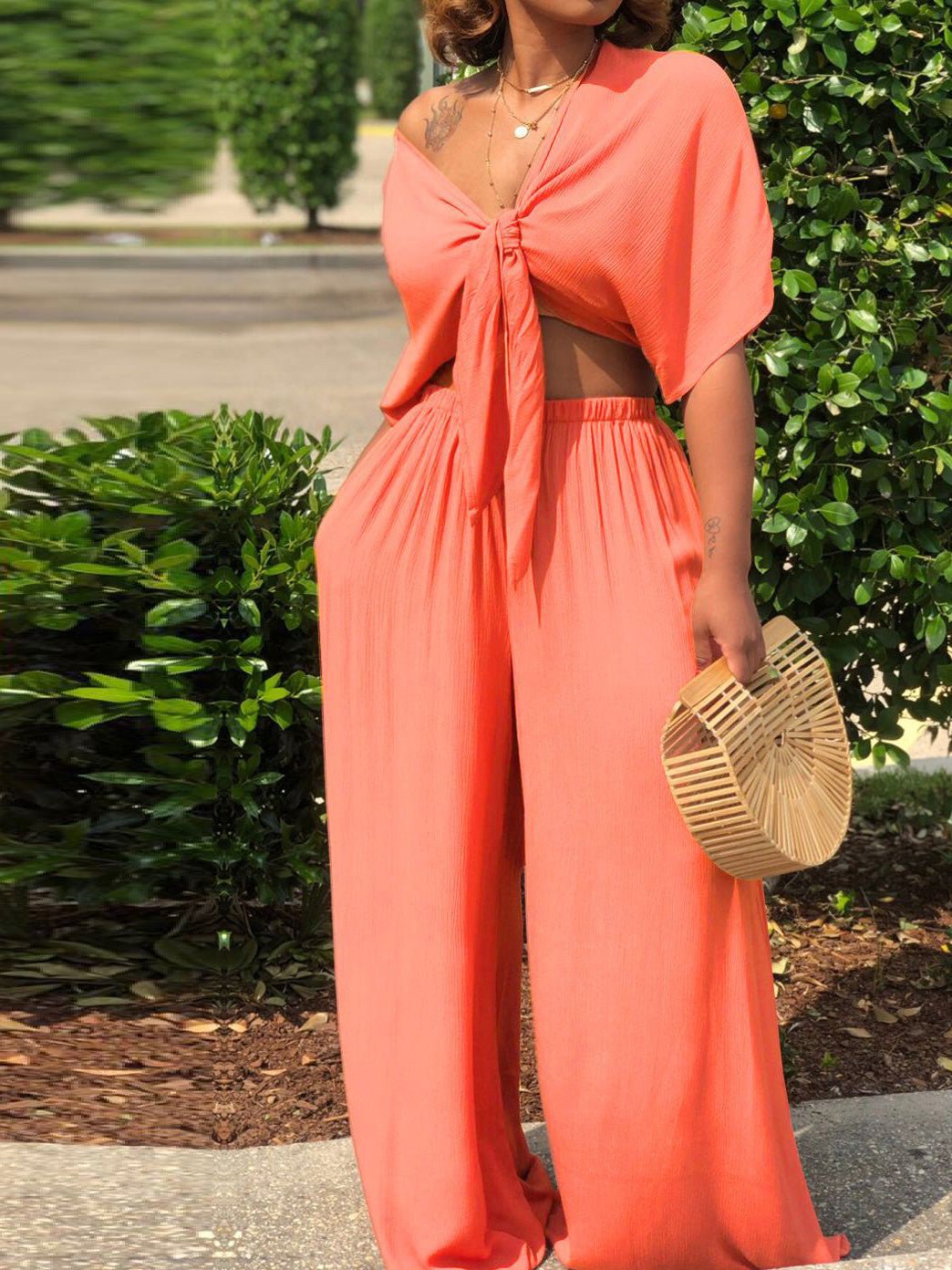 Women's Sets Lace-Up Short Sleeve Top & Wide Leg Pants Two Piece Set - LuckyFash™