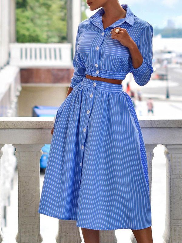 Women's Sets Long Sleeve Striped Shirt & Skirt Two-Piece Set - LuckyFash™