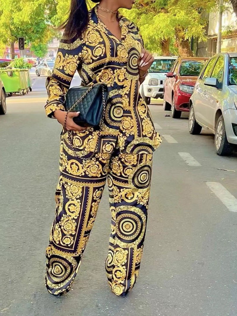 Women's Sets Printed Long Sleeve Shirt & Wide Leg Pants Two Piece Set - LuckyFash™
