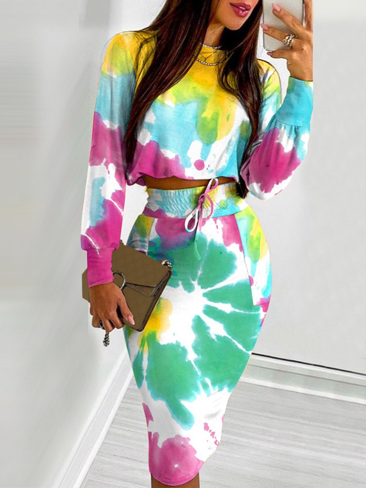 Women's Sets Printed Round Neck Long Sleeve Skirt Two-Piece Set - LuckyFash™