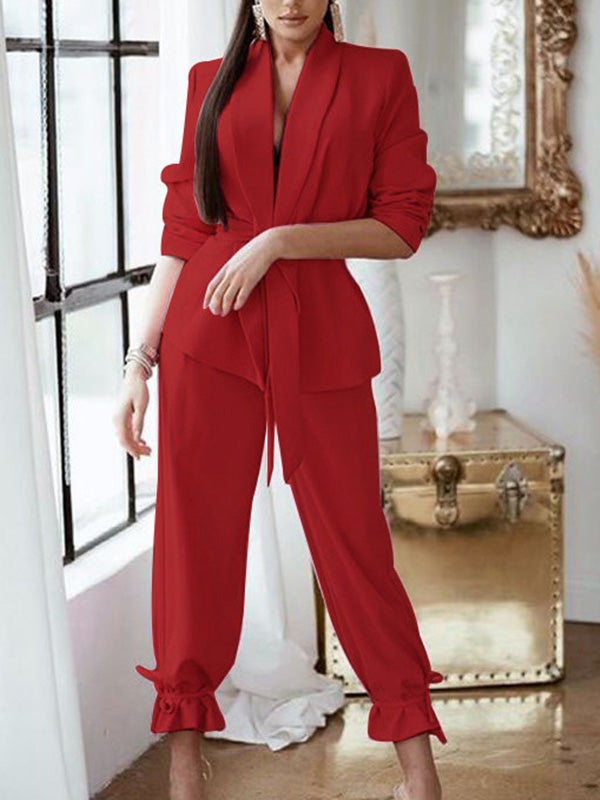 Women's Sets Solid Blazer & Belted Trousers Two-Piece Set - LuckyFash™