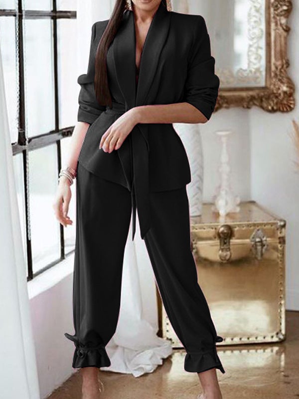 Women's Sets Solid Blazer & Belted Trousers Two-Piece Set - LuckyFash™