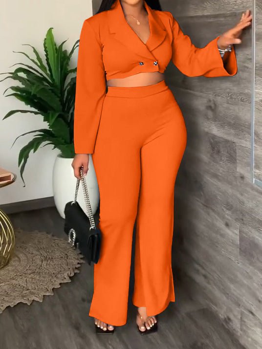 Women's Sets Solid Lapel Crop Blazers & Trousers Two Piece Set - LuckyFash™