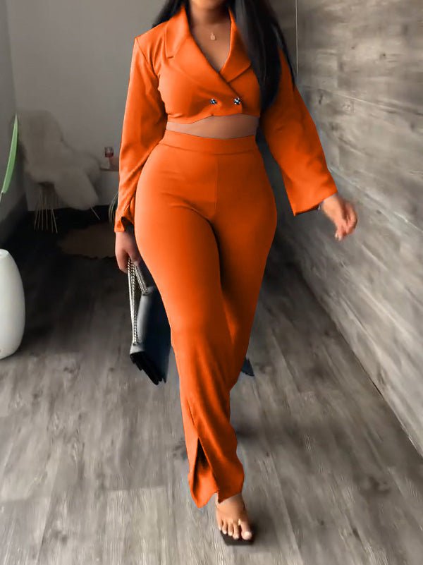 Women's Sets Solid Lapel Crop Blazers & Trousers Two Piece Set - LuckyFash™