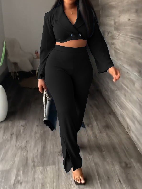 Women's Sets Solid Lapel Crop Blazers & Trousers Two Piece Set - LuckyFash™