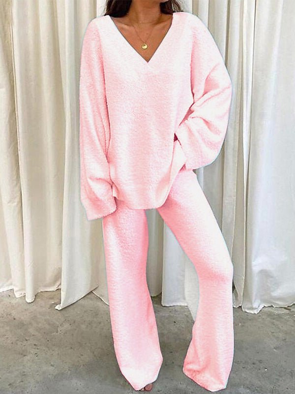 Sets Solid V Neck Casual Long Sleeve Top & Pants Warm Two Piece Set - LuckyFash™