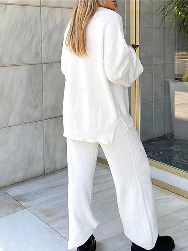 Sets Solid V Neck Casual Long Sleeve Top & Pants Warm Two Piece Set - LuckyFash™