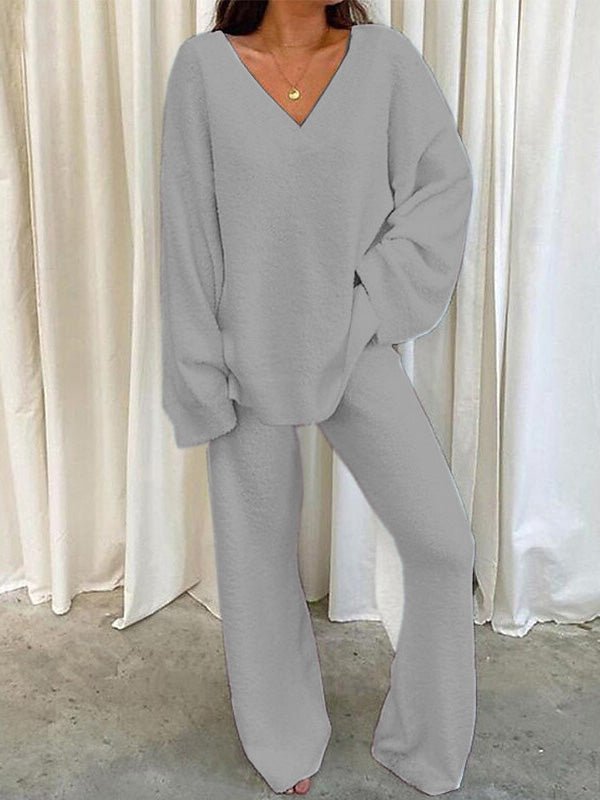 Sets Solid V Neck Casual Long Sleeve Top & Pants Warm Two Piece Set - LuckyFash™