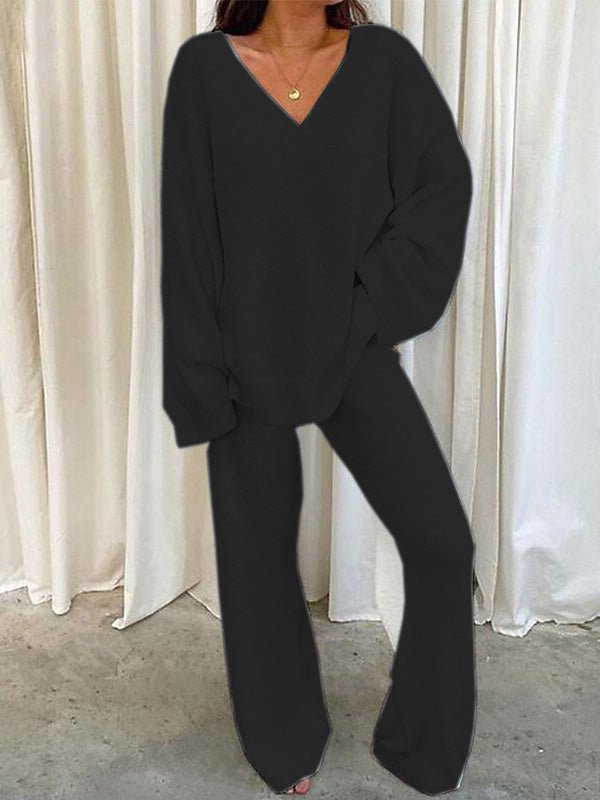 Sets Solid V Neck Casual Long Sleeve Top & Pants Warm Two Piece Set - LuckyFash™