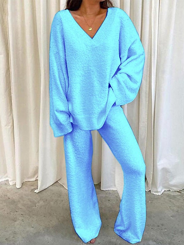 Sets Solid V Neck Casual Long Sleeve Top & Pants Warm Two Piece Set - LuckyFash™