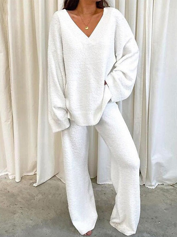 Sets Solid V Neck Casual Long Sleeve Top & Pants Warm Two Piece Set - LuckyFash™